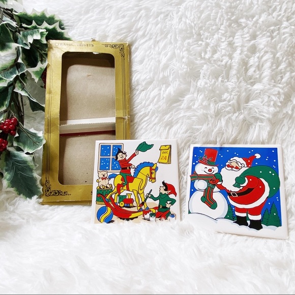 Vintage Set Of Two Christmas Holiday Santa And Elves Ceramic Trivets Decor - Picture 1 of 8